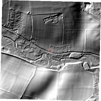 Shaded relief map of the ground around AL48HH, computed from Environment Agency LiDAR. The ground here sits at about 82 m above sea level and falls 33 m across the surrounding 800 m. Surface water reaching this point runs off ground lying to the north, 21.6 m higher.