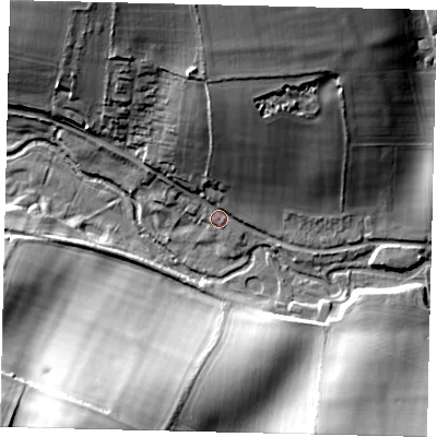 Shaded relief map of the ground around AL48HQ, computed from Environment Agency LiDAR. The ground here sits at about 82 m above sea level and falls 32 m across the surrounding 800 m. Surface water reaching this point runs off ground lying to the north, 22.2 m higher.