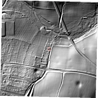 Shaded relief map of the ground around AL48NJ, computed from Environment Agency LiDAR. The ground here sits at about 82 m above sea level and falls 35 m across the surrounding 800 m. Surface water reaching this point runs off ground lying to the south-west, 30.2 m higher.
