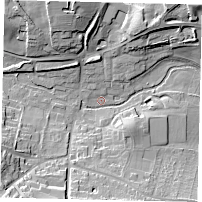 Shaded relief map of the ground around AL48SB, computed from Environment Agency LiDAR. The ground here sits at about 79 m above sea level and falls 29 m across the surrounding 800 m. Surface water reaching this point runs off ground lying to the south-west, 27.9 m higher.