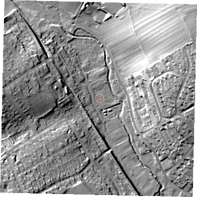 Shaded relief map of the ground around AL54NH, computed from Environment Agency LiDAR. The ground here sits at about 88 m above sea level and falls 41 m across the surrounding 800 m. Surface water reaching this point runs off ground lying to the west-north-west, 5.1 m higher.