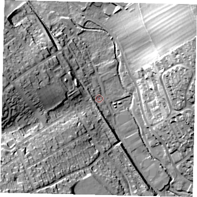 Shaded relief map of the ground around AL54NQ, computed from Environment Agency LiDAR. The ground here sits at about 89 m above sea level and falls 40 m across the surrounding 800 m. Surface water reaching this point runs off ground lying to the south-south-west, 4.0 m higher.