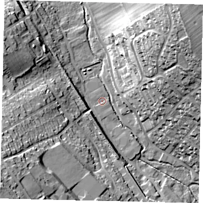 Shaded relief map of the ground around AL54UN, computed from Environment Agency LiDAR. The ground here sits at about 87 m above sea level and falls 41 m across the surrounding 800 m. Surface water reaching this point runs off ground lying to the south-west, 33.6 m higher.