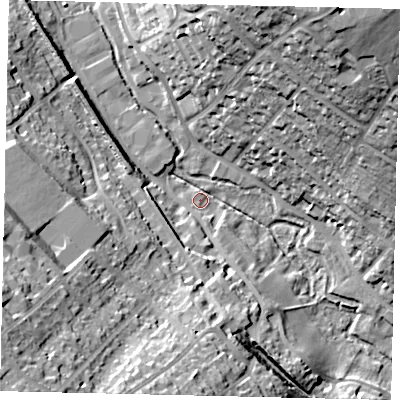 Shaded relief map of the ground around AL54UU, computed from Environment Agency LiDAR. The ground here sits at about 86 m above sea level and falls 34 m across the surrounding 800 m. Surface water reaching this point runs off ground lying to the south-west, 32.0 m higher.