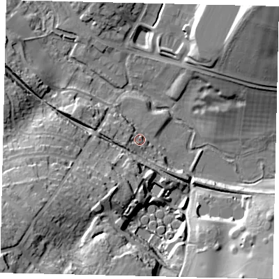 Shaded relief map of the ground around AL55AE, computed from Environment Agency LiDAR. The ground here sits at about 88 m above sea level and falls 39 m across the surrounding 800 m. Surface water reaching this point runs off ground lying to the west-south-west, 7.6 m higher.