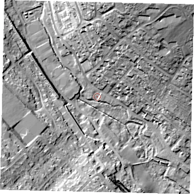 Shaded relief map of the ground around AL55BX, computed from Environment Agency LiDAR. The ground here sits at about 86 m above sea level and falls 36 m across the surrounding 800 m. Surface water reaching this point runs off ground lying to the north-north-east, 34.5 m higher.