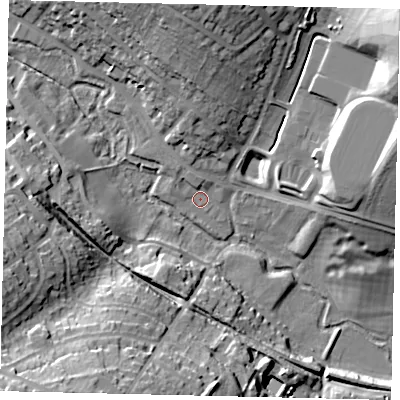 Shaded relief map of the ground around AL55BZ, computed from Environment Agency LiDAR. The ground here sits at about 85 m above sea level and falls 31 m across the surrounding 800 m. Surface water reaching this point runs off ground lying to the north, 7.8 m higher.