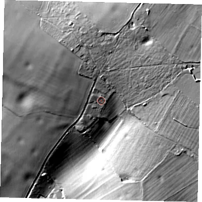 Shaded relief map of the ground around AL55EF, computed from Environment Agency LiDAR. The ground here sits at about 128 m above sea level and falls 45 m across the surrounding 800 m. Surface water reaching this point runs off ground lying to the north, 7.2 m higher.
