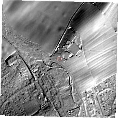 Shaded relief map of the ground around AL55EG, computed from Environment Agency LiDAR. The ground here sits at about 89 m above sea level and falls 38 m across the surrounding 800 m. Surface water reaching this point runs off ground lying to the north-east, 36.2 m higher.