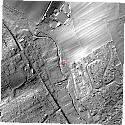 Shaded relief map of the ground around AL55EP, computed from Environment Agency LiDAR. The ground here sits at about 88 m above sea level and falls 42 m across the surrounding 800 m. Surface water reaching this point runs off ground lying to the north-east, 40.9 m higher.