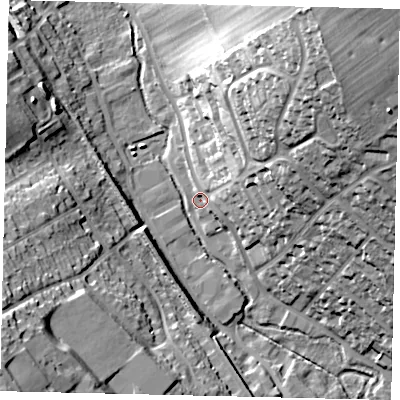 Shaded relief map of the ground around AL55FE, computed from Environment Agency LiDAR. The ground here sits at about 88 m above sea level and falls 41 m across the surrounding 800 m. Surface water reaching this point runs off ground lying to the north-east, 35.4 m higher.