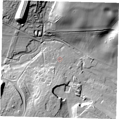 Shaded relief map of the ground around AL60BX, computed from Environment Agency LiDAR. The ground here sits at about 60 m above sea level and falls 35 m across the surrounding 800 m. Surface water reaching this point runs off ground lying to the south-south-west, 13.4 m higher.