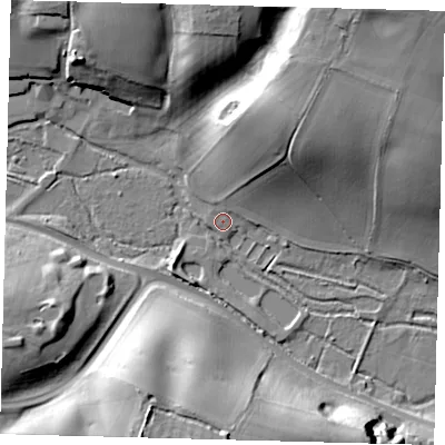 Shaded relief map of the ground around AL60FG, computed from Environment Agency LiDAR. The ground here sits at about 53 m above sea level and falls 27 m across the surrounding 800 m. Surface water reaching this point runs off ground lying to the north-north-east, 23.4 m higher.