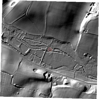 Shaded relief map of the ground around AL60JQ, computed from Environment Agency LiDAR. The ground here sits at about 51 m above sea level and falls 29 m across the surrounding 800 m. Surface water reaching this point runs off ground lying to the south-west, 26.4 m higher.