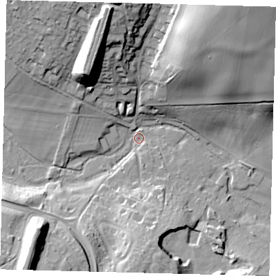 Shaded relief map of the ground around AL60SW, computed from Environment Agency LiDAR. The ground here sits at about 58 m above sea level and falls 40 m across the surrounding 800 m. Surface water reaching this point runs off ground lying to the south-west, 31.3 m higher.