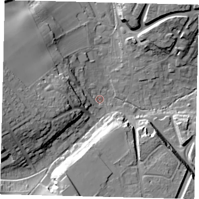 Shaded relief map of the ground around AL69EA, computed from Environment Agency LiDAR. The ground here sits at about 68 m above sea level and falls 31 m across the surrounding 800 m. Surface water reaching this point runs off ground lying to the west, 14.8 m higher.