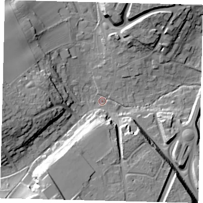 Shaded relief map of the ground around AL69EF, computed from Environment Agency LiDAR. The ground here sits at about 66 m above sea level and falls 31 m across the surrounding 800 m. Surface water reaching this point runs off ground lying to the south-south-west, 27.8 m higher.