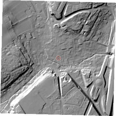 Shaded relief map of the ground around AL69EQ, computed from Environment Agency LiDAR. The ground here sits at about 66 m above sea level and falls 30 m across the surrounding 800 m. Surface water reaching this point runs off ground lying to the south-west, 29.7 m higher.