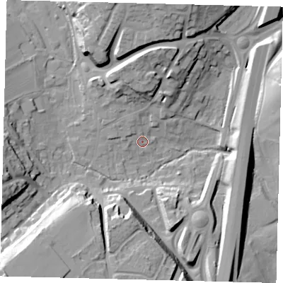 Shaded relief map of the ground around AL69ET, computed from Environment Agency LiDAR. The ground here sits at about 65 m above sea level and falls 28 m across the surrounding 800 m. Surface water reaching this point runs off ground lying to the south-west, 25.0 m higher.