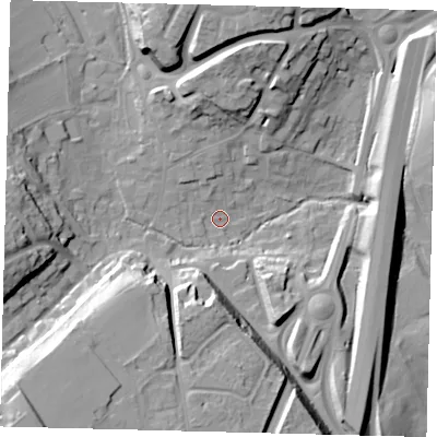 Shaded relief map of the ground around AL69EU, computed from Environment Agency LiDAR. The ground here sits at about 65 m above sea level and falls 30 m across the surrounding 800 m. Surface water reaching this point runs off ground lying to the south-west, 29.3 m higher.