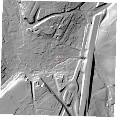 Shaded relief map of the ground around AL69EX, computed from Environment Agency LiDAR. The ground here sits at about 64 m above sea level and falls 27 m across the surrounding 800 m. Surface water reaching this point runs off ground lying to the south-south-west, 20.9 m higher.