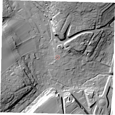 Shaded relief map of the ground around AL69GS, computed from Environment Agency LiDAR. The ground here sits at about 68 m above sea level and falls 27 m across the surrounding 800 m. Surface water reaching this point runs off ground lying to the north-east, 6.1 m higher.
