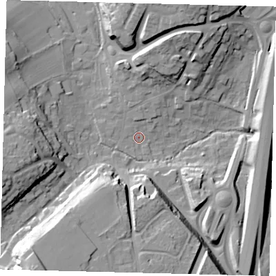 Shaded relief map of the ground around AL69HA, computed from Environment Agency LiDAR. The ground here sits at about 66 m above sea level and falls 30 m across the surrounding 800 m. Surface water reaching this point runs off ground lying to the south-west, 29.7 m higher.
