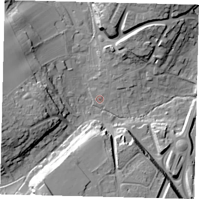 Shaded relief map of the ground around AL69HQ, computed from Environment Agency LiDAR. The ground here sits at about 67 m above sea level and falls 30 m across the surrounding 800 m. Surface water reaching this point runs off ground lying to the west, 0.9 m higher.