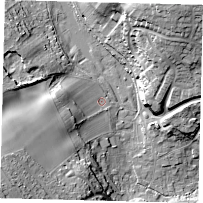 Shaded relief map of the ground around AL69NH, computed from Environment Agency LiDAR. The ground here sits at about 68 m above sea level and falls 34 m across the surrounding 800 m. Surface water reaching this point runs off ground lying to the west-south-west, 27.2 m higher.