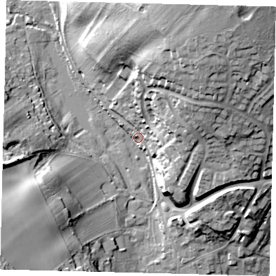 Shaded relief map of the ground around AL69NQ, computed from Environment Agency LiDAR. The ground here sits at about 69 m above sea level and falls 37 m across the surrounding 800 m. Surface water reaching this point runs off ground lying to the north-east, 35.6 m higher.