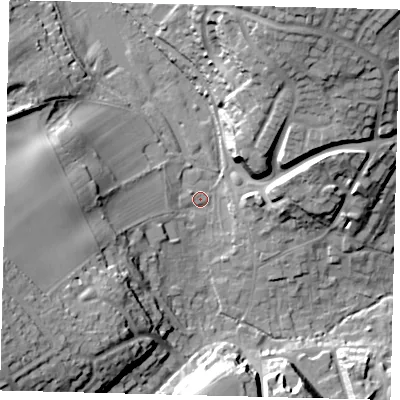 Shaded relief map of the ground around AL69NU, computed from Environment Agency LiDAR. The ground here sits at about 66 m above sea level and falls 31 m across the surrounding 800 m. Surface water reaching this point runs off ground lying to the west-south-west, 26.6 m higher.