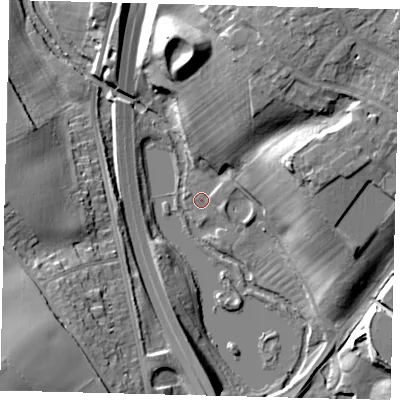 Shaded relief map of the ground around AL86DF, computed from Environment Agency LiDAR. The ground here sits at about 64 m above sea level and falls 23 m across the surrounding 800 m. Surface water reaching this point runs off ground lying to the north-north-east, 22.9 m higher.