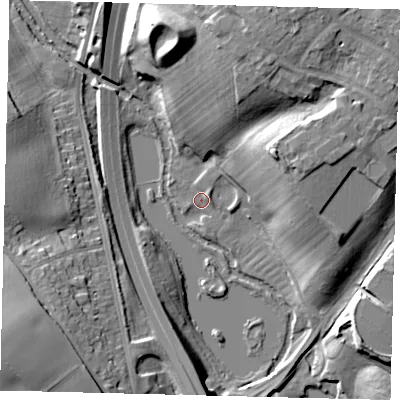 Shaded relief map of the ground around AL86DR, computed from Environment Agency LiDAR. The ground here sits at about 64 m above sea level and falls 24 m across the surrounding 800 m. Surface water reaching this point runs off ground lying to the east-north-east, 20.9 m higher.