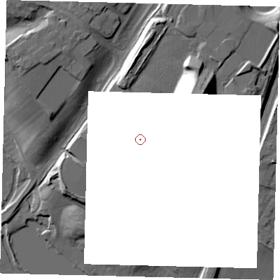 Shaded relief map of the ground around AL86XF, computed from Environment Agency LiDAR. and falls 47 m across the surrounding 800 m.