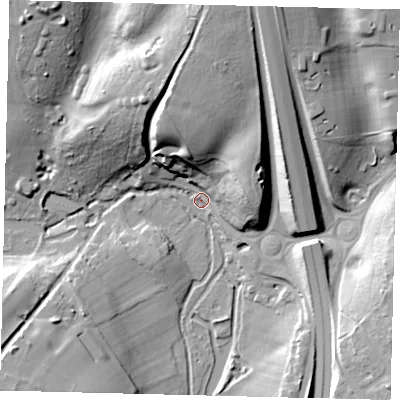 Shaded relief map of the ground around AL87TN, computed from Environment Agency LiDAR. The ground here sits at about 67 m above sea level and falls 31 m across the surrounding 800 m. Surface water reaching this point runs off ground lying to the north, 28.4 m higher.
