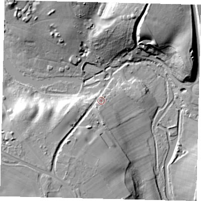Shaded relief map of the ground around AL87TR, computed from Environment Agency LiDAR. The ground here sits at about 72 m above sea level and falls 26 m across the surrounding 800 m. Surface water reaching this point runs off ground lying to the south-south-west, 17.5 m higher.