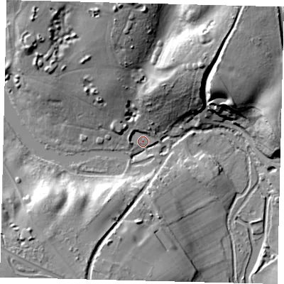 Shaded relief map of the ground around AL87TW, computed from Environment Agency LiDAR. The ground here sits at about 68 m above sea level and falls 29 m across the surrounding 800 m. Surface water reaching this point runs off ground lying to the north-east, 26.4 m higher.