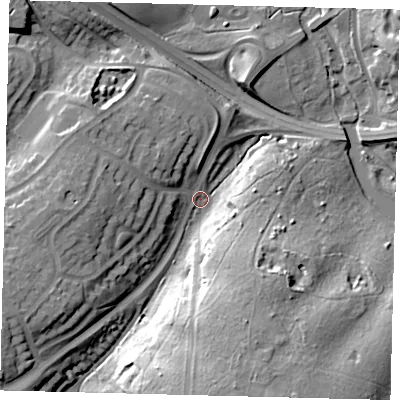 Shaded relief map of the ground around AL95LZ, computed from Environment Agency LiDAR. The ground here sits at about 63 m above sea level and falls 24 m across the surrounding 800 m. Surface water reaching this point runs off ground lying to the south, 20.0 m higher.
