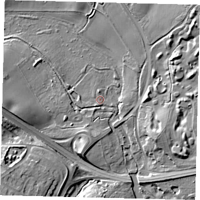 Shaded relief map of the ground around AL95NT, computed from Environment Agency LiDAR. The ground here sits at about 61 m above sea level and falls 17 m across the surrounding 800 m. Surface water reaching this point runs off ground lying to the west, 12.0 m higher.