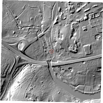 Shaded relief map of the ground around AL95NY, computed from Environment Agency LiDAR. The ground here sits at about 59 m above sea level and falls 20 m across the surrounding 800 m. Surface water reaching this point runs off ground lying to the south-south-west, 18.8 m higher.