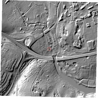 Shaded relief map of the ground around AL95PB, computed from Environment Agency LiDAR. The ground here sits at about 60 m above sea level and falls 20 m across the surrounding 800 m. Surface water reaching this point runs off ground lying to the west-north-west, 2.9 m higher.
