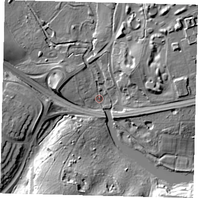 Shaded relief map of the ground around AL95PD, computed from Environment Agency LiDAR. The ground here sits at about 60 m above sea level and falls 20 m across the surrounding 800 m. Surface water reaching this point runs off ground lying to the south-south-west, 19.3 m higher.