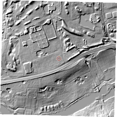Shaded relief map of the ground around AL95PE, computed from Environment Agency LiDAR. The ground here sits at about 67 m above sea level and falls 18 m across the surrounding 800 m. The ground contributing surface water to this point lies to the west-north-west.