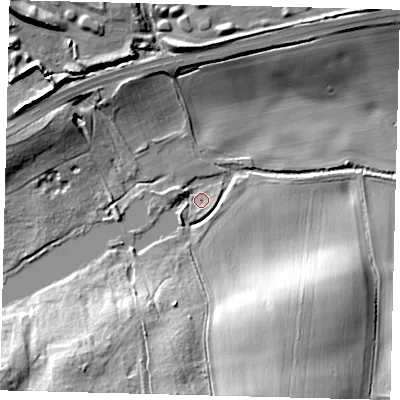 Shaded relief map of the ground around AL95PG, computed from Environment Agency LiDAR. The ground here sits at about 56 m above sea level and falls 19 m across the surrounding 800 m. Surface water reaching this point runs off ground lying to the south-south-east, 18.6 m higher.