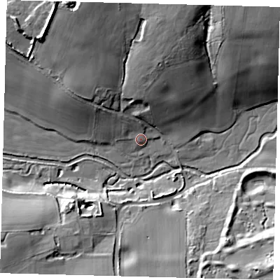 Shaded relief map of the ground around AL95RG, computed from Environment Agency LiDAR. The ground here sits at about 52 m above sea level and falls 24 m across the surrounding 800 m. Surface water reaching this point runs off ground lying to the north-north-west, 16.7 m higher.