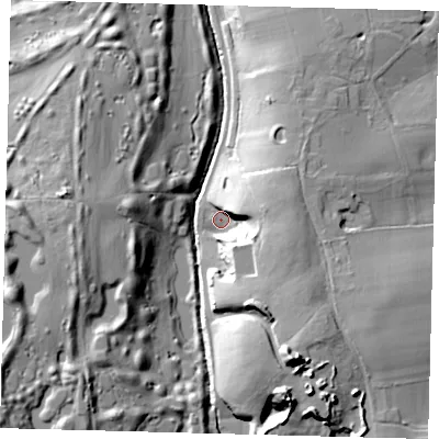 Shaded relief map of the ground around AL96AA, computed from Environment Agency LiDAR. The ground here sits at about 59 m above sea level and falls 34 m across the surrounding 800 m. Surface water reaching this point runs off ground lying to the east-south-east, 16.7 m higher.