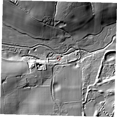 Shaded relief map of the ground around AL96AD, computed from Environment Agency LiDAR. The ground here sits at about 50 m above sea level and falls 23 m across the surrounding 800 m. Surface water reaching this point runs off ground lying to the south-south-west, 7.1 m higher.