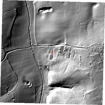Shaded relief map of the ground around AL96AX, computed from Environment Agency LiDAR. The ground here sits at about 70 m above sea level and falls 54 m across the surrounding 800 m. Surface water reaching this point runs off ground lying to the east-south-east, 38.6 m higher.