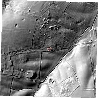 Shaded relief map of the ground around AL96JJ, computed from Environment Agency LiDAR. The ground here sits at about 105 m above sea level and falls 34 m across the surrounding 800 m. Surface water reaching this point runs off ground lying to the west, 19.3 m higher.