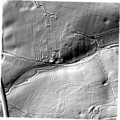 Shaded relief map of the ground around AL97BB, computed from Environment Agency LiDAR. The ground here sits at about 92 m above sea level and falls 29 m across the surrounding 800 m. Surface water reaching this point runs off ground lying to the west-south-west, 5.5 m higher.